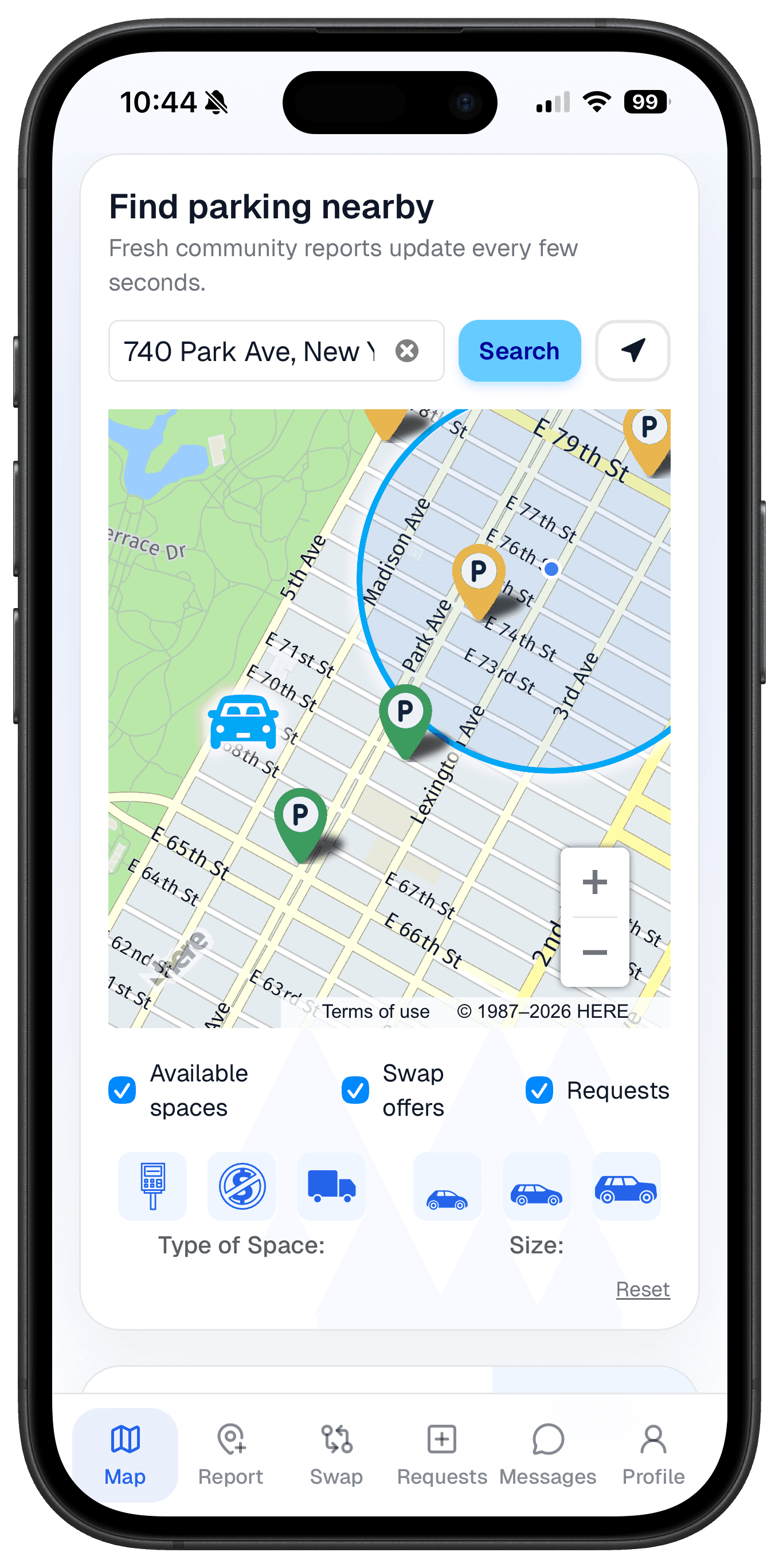 Swapspace map showing parking availability around you