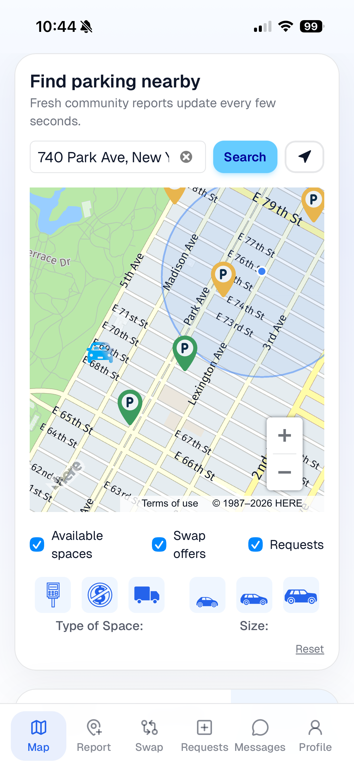 Swapspace map showing parking availability around you