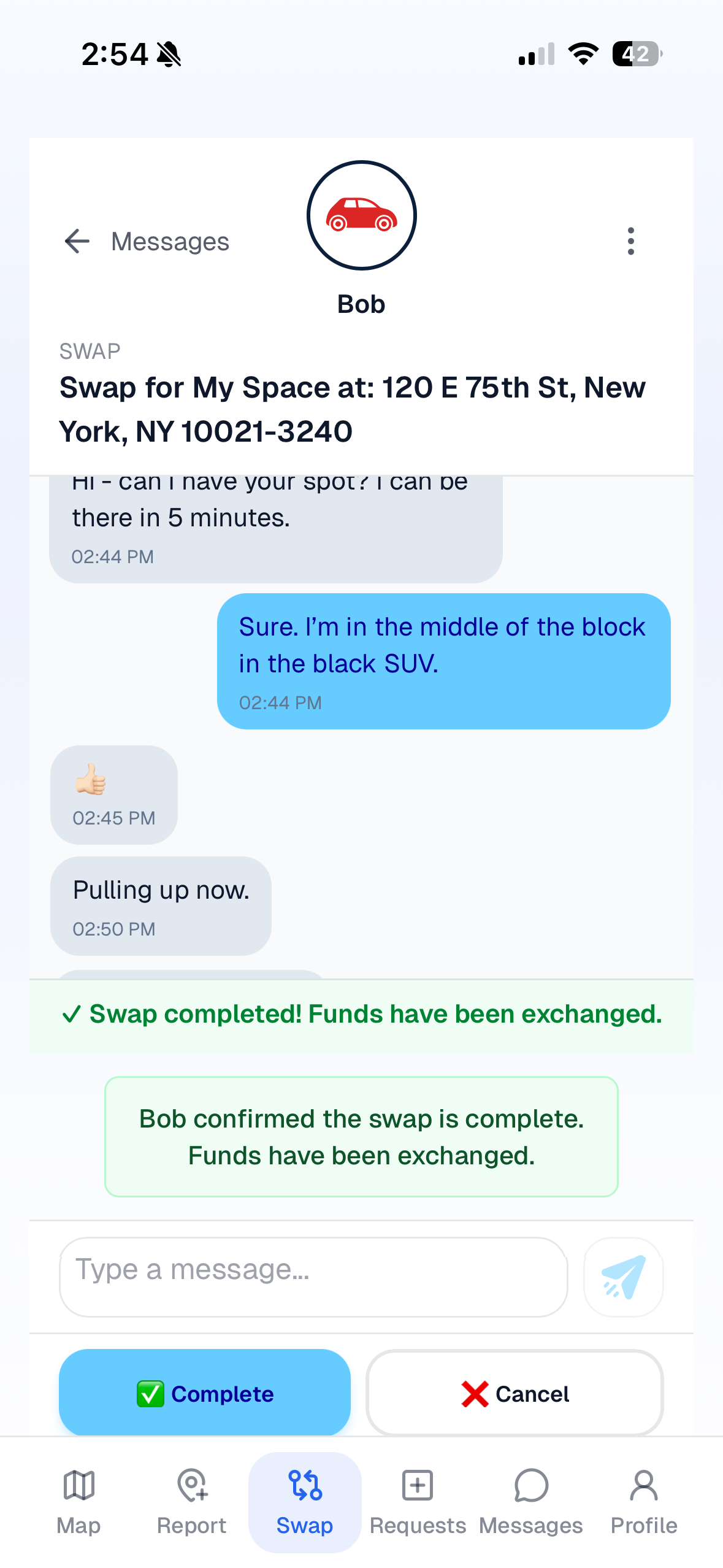 Swapspace in-app messages to coordinate parking