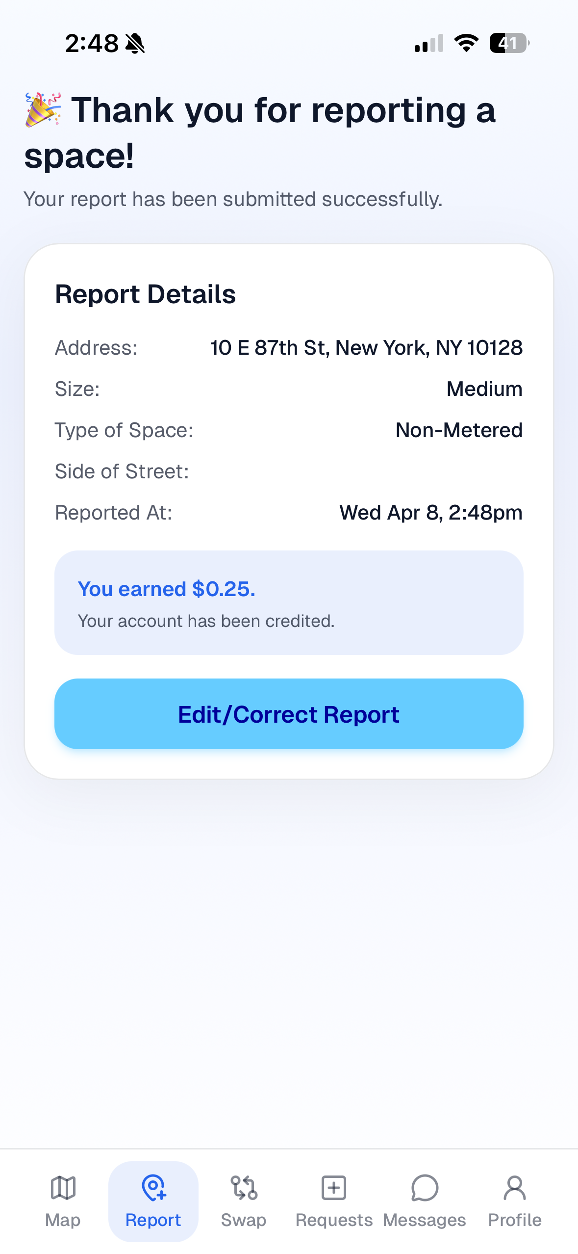 Swapspace screen for reporting an available parking space